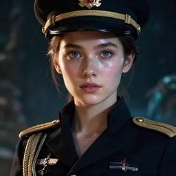 cinematic shot of an epic portrait of a mermaid dressed in military clothes, shiny skin, beautiful eyes, beautiful, small details, night setting, realistic poster with volumetric light from craig mallism, artgerm, jeremy lipkin and michael garmash, unreal engine, radiant light, detailed and complex environment, digital art, a masterpiece