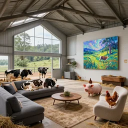 interior view of modern futuristic farm barn architecture and interior design showing cows! laying down on sofas and pigs! and chickens! sitting in lounge chairs, wall art, throw pillows, areas rugs, feed troughs, hay, detailed luminescent oil painting 4 k