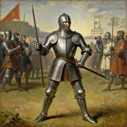 Sir Donavon the Courageous. The knight jousting in a tournament. Mediaval painting from the 1300's. Oil on canvas.