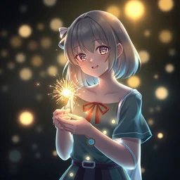 a girl holding a sparkler in her hand, a hologram by yuumei, featured on pixiv, holography, official art, pixiv, glowing lights