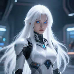 perfect android girl, warframe armor, beautiful face, scifi, futuristic, space station, laboratory, kwak ji young, dreamy, long white hair, blue cyborg eyes, cinematic lighting, innocent, highly detailed, focused, artstation, aura, divine, by gauthier leblanc, kazuya takahashi, huifeng huang, jama jurabaev