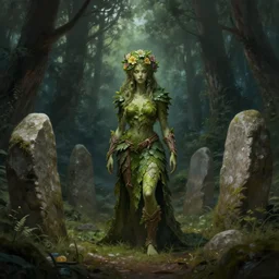 forest spirit with flower for hair, leafy skin, and bark armor standing in circle of standing stones in a sacred grove. d & d fantasy art, digital painting, magical forest, 8 k resolution, dramatic lighting, extremely detailed, 8 k resolution, eerie.