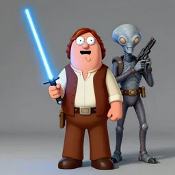 Studio Photograph of a real life Peter Griffin  from Family Guy dressed as Han Solo and Holding a glowing light saber, while standing next to him is the Alien Greedo holding a blaster gun, both photographed in the Style of Annie Leibovitz,