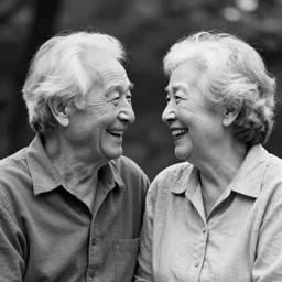 poignant portrait black and white photo of an old couple laughing at each other, nostalgia, love