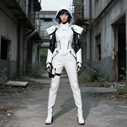 beautiful fashion model with white sci - fi tactical gear, black leather garment, hologram sci - fi hood, full shot fashion photography, alleyway, abandoned factory, battle ready, by irving penn and storm thorgerson, ren heng, peter elson