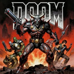 doom ( 1 9 9 4 ) classic cyberdemon horns chaingun by frank frazetta, ken kelly, simon bisley, richard corben, robert crumb, clay wilson, spain rodriguez