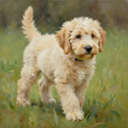 labradoodle pup on the prowl oil painting victo ngai