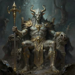 A primordial elemental lord being awoken too early by his majordomo, detailed matte painting