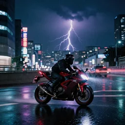 a single sport bike, speeding down tokyo highway in the rain, night time, neon lights, thunderstorm, movie still from the film bladerunner
