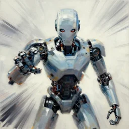 half person, half robot, looking directly at you, painting by phil hale, action lines!!!, graphic style, visible brushstrokes, motion blur, blurry