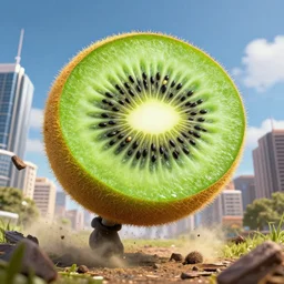 giant kiwi bird destroying a city