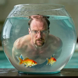 walter white swimming in a fishbowl