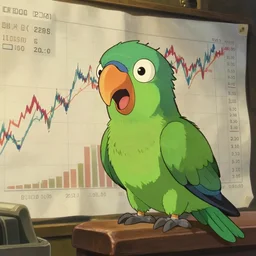 a panicked cartoon parrot by ghibli showing charts of the crashing stock market, detailed, award-winning, game of thrones screenshot