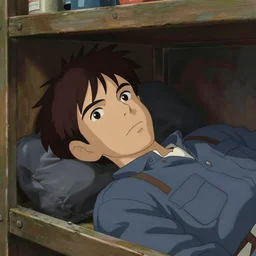 portrait of a mechanic lying in her cramped and dimly lit bunk, ilya kuvshinov face, highly detailed, cel shading, digital painting, anime key visual, artwork by hayao miyazaki and alphonse mucha