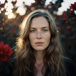 An analog head and shoulder frontal face portrait photography of a freckled woman wearing surrounded by dark leaves and red flowers by Annie Leibovitz. long soft hair. Golden hour. Kodak Color Plus 200 film. Icelandic mood. detailed. hq. realistic. Rembrandt light style. swirly bokeh. warm light. muted colors. lens flare. photoreal. Medium format photography. Leica M9.