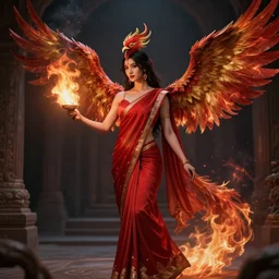 half - human half - phoenix pyromancer in a red saree
