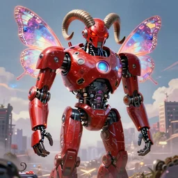 a terrifying red robot with ram horns, butterfly hard lighting ethereal mechanic art by and hajime sorayama, yukito kishiro, raymond swanland and monet, ruan jia, by wlop