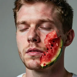 a hyper realistic ultra realistic photograph of gallagher peeling his own face off revealing watermelon by brandon hughes, detailed, photorealistic imagery, 8 k quality