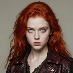 head and shoulders portrait of a young girl in a leather jacket, pale skin, piercing pale eyes, red hair, vibrant color, steampunk, high detail, masterpiece by caravaggio, artgerm, craig mullins, ruan jia, frank frazetta