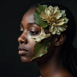 a beautiful black woman's face in profile made of leaf and flower skeleton, in the style of the dutch masters and gregory crewdson, dark and moody, 8 k, matte