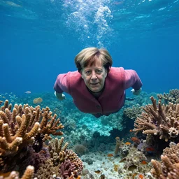 angela merkel under water dives through a coral reef, 8k photography