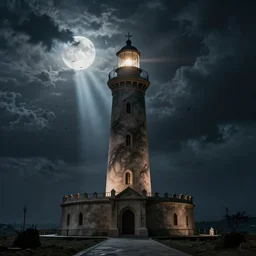 Detailed Exterior Shot of Stormy Nightmare Evil Stormy!!! Lighthouse of Alexandria, light of hell, moonlight shafts, flock of birds, moody grim atmosphere, in Style of Peter Mohrbacher, cinematic lighting
