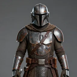 the mandalorian in medieval style armor, rusty iron, scale mail, hide, star wars, looking at viewer, very detailed, octane render, portrait photography, 8 k