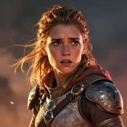 portrait of frightened Aloy from Horizon: Zero Dawn, comic book illustration, by John Kirby