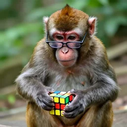 A monkey wearing glasses solving a Rubik's cube