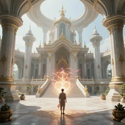 a dream temple environment where one draws mystical energy into their heart and finds the secret to the infinite lives they have lived thus far, ancient ceremonial futuristic architecture, pristine concept art, symmetrical, in the style of Ross Tran and WLOP