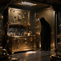 ultra realistic and intricate detailed photograph of the secret treasure room, a shadow figure lurks in a corner, innovation, rich modern style, depth of field, ambient lighting, award winning, stunning