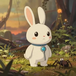 a wholesome animation key sharp shot of a post apocalyptic 8 0's cute robotic bunny and spider, vegetation, warm evening light by studio ghibli, whole background on focus, animation, sharp, rendered in unreal engine 5, focused, anime key art by greg rutkowski, bloom, dramatic lighting