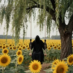 a photo realistic dreamlike depiction of beautiful grim reaper sitting on a tree swing attached to a weeping willow in the middle a field of sunflowers, legendary grainy 1 8 0 0 photo by greg rutkowski and craig mullins, todd mcfarlane