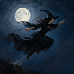 witch magically flying trough the night, fantasy, full moon in background. highly detailed painting by gaston bussiere, craig mullins, j. c. leyendecker 8 k