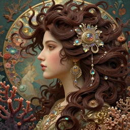song of the billowing coral reef, detailed beauty side portrait, chocolate, opulent swirling hair swirling seaweed, iridescent jewellery, face in focus, organic background, art by wlop, peter morebacher, greg rutkowski, craig mullins, ruan jia, thomas kinkade, victor ngai, ernst haeckel, alphonse mucha, unreal engine, blender, octane,