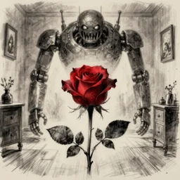 The sketch is of a rose in a room, with a robot monster looming in the background. The style is dark and scary, meant to make the viewer feel uneasy. trending on artstation. 4k