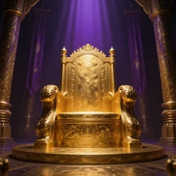 Digital art of the  golden throne room Imperial matte finish, ominous dramatic  wide angle, god rays purple banners