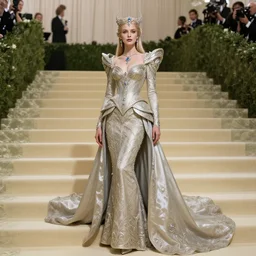 Wizard Queen ascendings stairs at the MET Gala posing for the camera, intricate fantasy dress, fantasy, intricate, elegant, highly detailed, digital painting, smooth, sharp focus, illustration, dramatic lighting, artstation, in the style of Artgerm