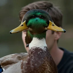 A realistic photo of a man with the head of a duck, realistic shaders, 8K resolution, cinematic