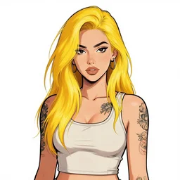 character portrait of a cool latina girl with long golden yellow messy hair, wearing a tanktop, lesbian, tattoos, highly detailed, stylized, medium shot, vector line art, clean cel shaded vector art, by ross tron, lois van baarle, artgerm, helen huang, makoto shinkai, ilya kuvshinov, rossdraws
