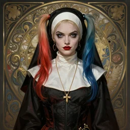 Harley Quinn as a nun, dark fantasy, medium shot, intricate, elegant, highly detailed, digital painting, volumetric light, artstation, concept art, smooth, sharp focus, illustration, art by Gil Elvgren and Greg Rutkowski and Alphonse Mucha