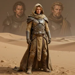highly detailed full body character portrait of a fremen warrior from dune in an earthen colored still suit with scifi tubes attached on the orgabic shape of the costume, concept painting with detailed face by J. C. Leyendecker and Edmund Blair and Yuriy Mazurkin and Eppo Doeve, octane render, 8k, high quality, award winning masterpiece, HDR,