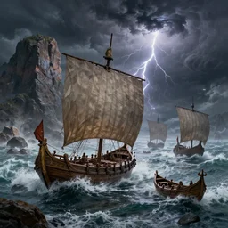 a fleet of ancient trojan sailboats, amidst crashing waves and huge looming rocks, whirlpool, trireme, skiff, wooden sailboats, grim, lightning flashes, sky swirling with black wind, dark sky, dramatic, realistic, detailed, ancient, artstation, artgerm, digital painting