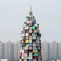 towers made up of colourful makeshift squatter shacks, pastel tones, plain uniform sky at the back, misty, mamiya rb 6 7, ultra sharp, very detailed, photographed by ludwig mies van der rohe