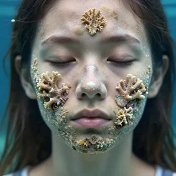 realistic photo of a a blurred face of a girl, covered in iridescent dead coral reef 1 9 6 0, life magazine photo, natural colors, metropolitan museum, kodak, 8 k, very detailed, high resolution, product photo,