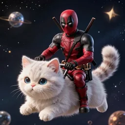 deadpool riding on fluffy cat in space