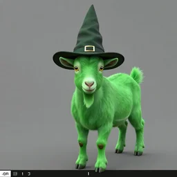 green goat wearing a wizard hat, trail cam footage