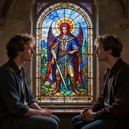 not _ nathan, snargleplax, and valiant discuss artificial intelligence generated artwork. stained glass.