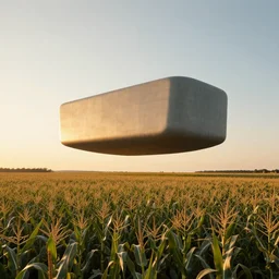 wide shot of a monolithic structure floating high above a cornfield, late afternoon, golden hour, highly detailed, smooth, sharp focus, concept art by greg rutkowski and ruan jia