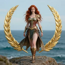 full body shot, fantasy outfit hero pose of a beautiful red haired girl with very light skin with ocean in the background, highly detailed, 8 k, hdr, digital art, octane render, neo classical appeal award - winning, trending on artstation, ann stokes